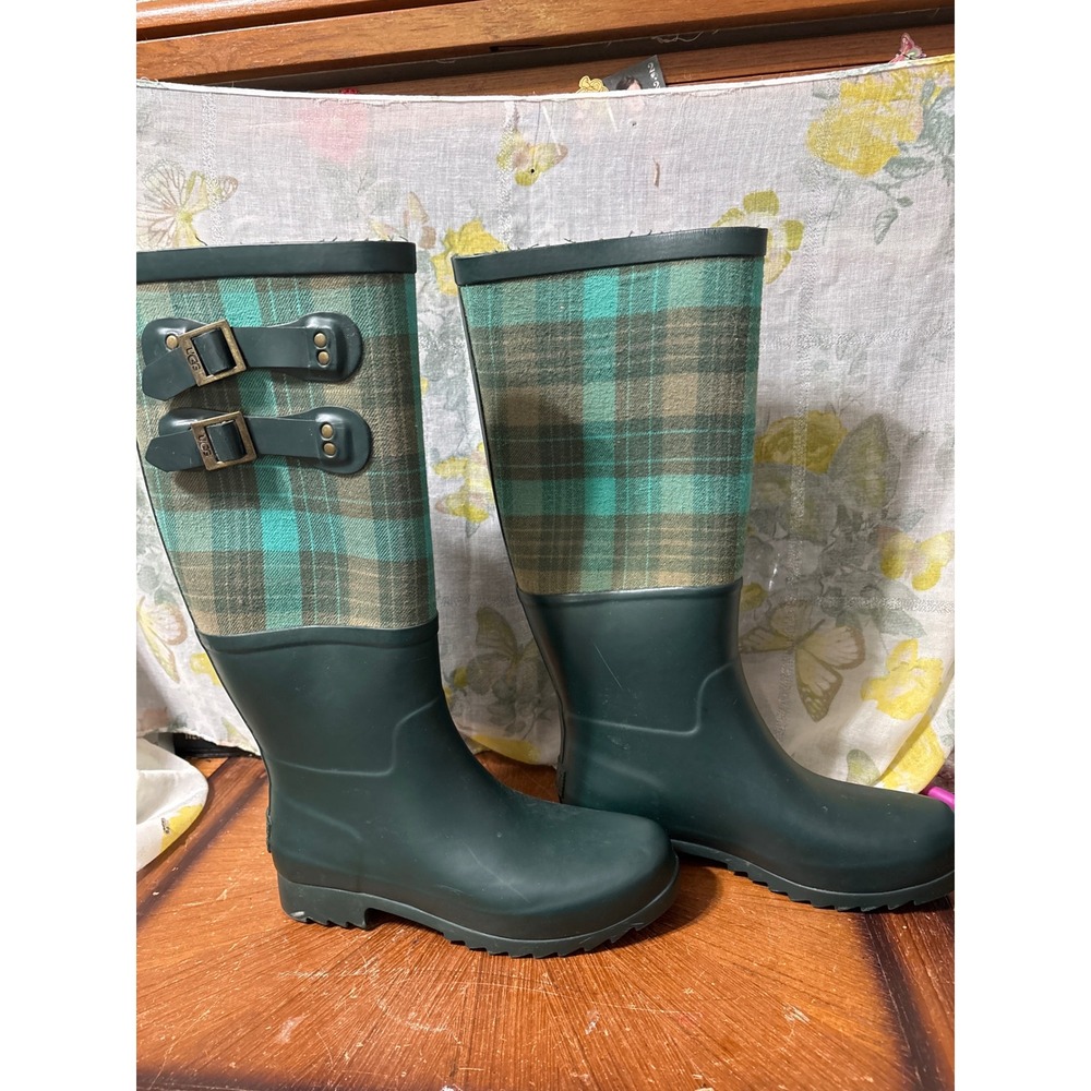 Womens Tall Hunter Green Plaid Rubber Rain Boots Knee High Waterproof Wellies - Picture 2 of 10